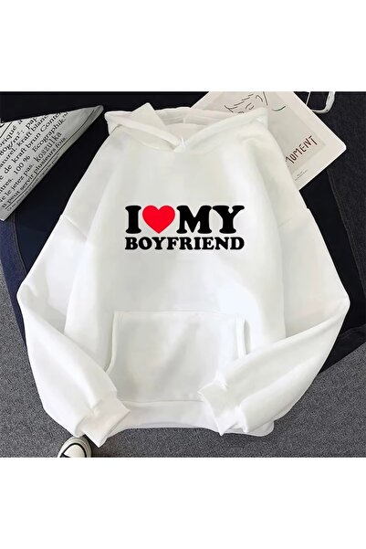 Touz Moda I Love My Boyfriend & Girlfriend Printed White Hooded Sweatshirt Hoodie