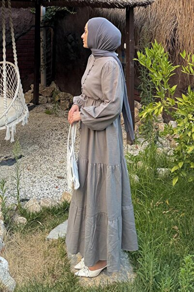 lamelif Waist Gathered Hijab Dress Gray