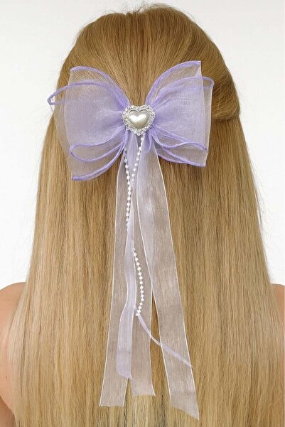 TAKIŞTIR White and Purple Color Heart Shaped Pearl Detailed Ribbon Vending Machine Buckle