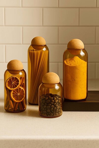 Jenisa Set of 4 Amber Glass Jars – Decorative Spice Jar Set with Round Cork Lids