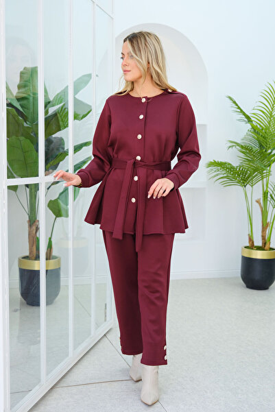 LOCCO Kadın Apoletli Kemerli İkili Takım Bordo