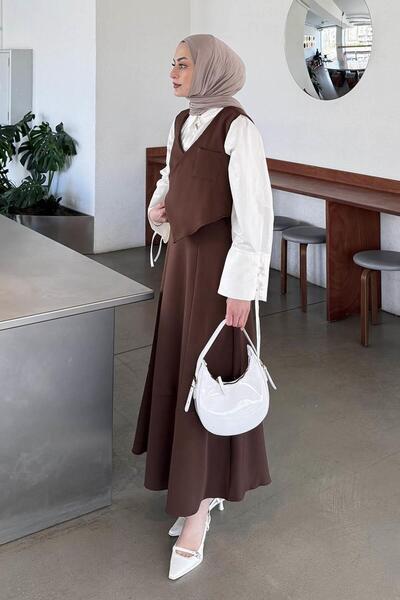 lamelif Διπλό Σετ Κομμένο Μπλουζάκι και Φούστα Πικρό Καφέ