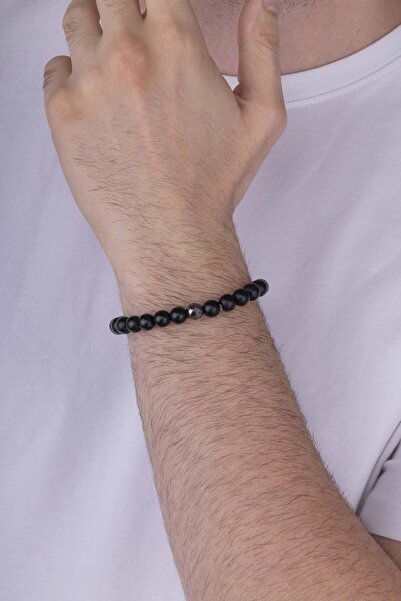 Gümüş Pazarım Hematite Detailed Round Cut Onyx Stone Natural Stone Men's Brac...