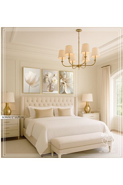 Tablomtr Sonsuz Saflık - Dijital Baskılı Gold Metal Çerçeveli Gerçek Camlı 3'lü Dekoratif Tablo