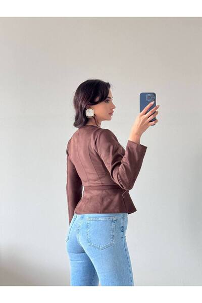 LOCH BUTİK Дамско кафяво яке с дълги ръкави и колан от велур