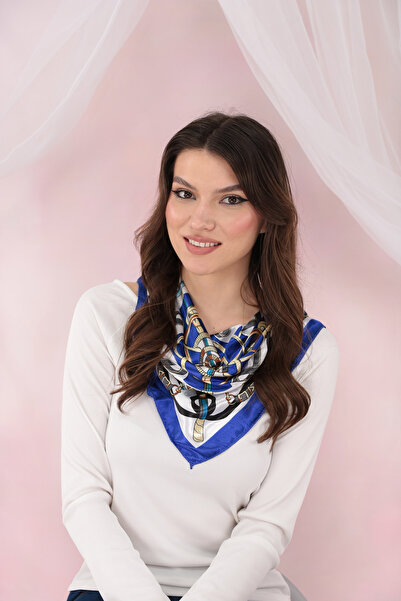 Trend Land Esarfa patrata satinata cu bordura albastra si print abstract multicolor