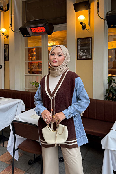 LOCCO Kadın Kot Detay Hırka Kahverengi