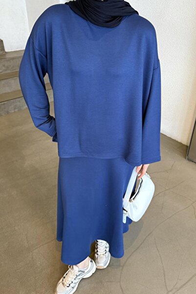 lamelif Crystal Flared Skirt Hijab Navy Blue