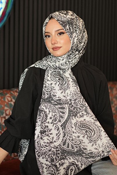 AFVENTE Classic Paisley Pattern Black-White Cotton Shawl