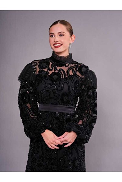 SERPİL Dantelli Transparan Detaylı Uzun Kollu Şık Kadın Elbise 50921