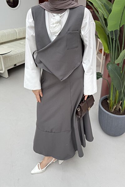 lamelif Crop Vest-Skirt Two-Piece Set Anthracite