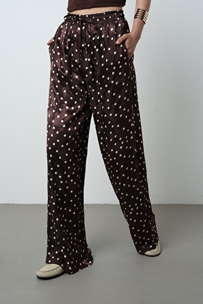 Orfeo Negro Women's Polka Dot Patterned Brown Jacquard Wide Leg Patterned Trousers
