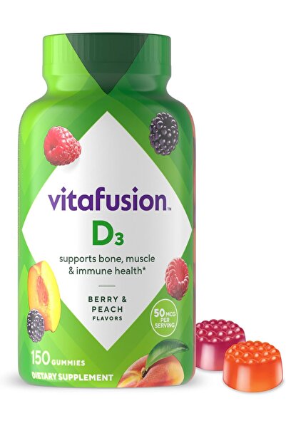 vitafusion فيتامين د3 50 ميكروغرام، دعم المناعة، بنكهة الخوخ والتوت، 150 علكة