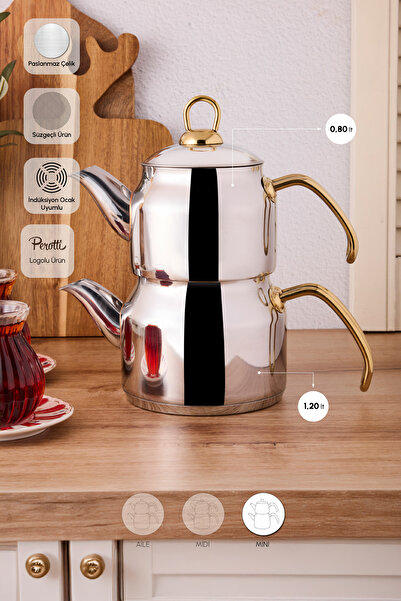 Perotti Tahtakale Gold Induction Base Mini Steel Teapot Set 0.80Lt - 1.20Lt
