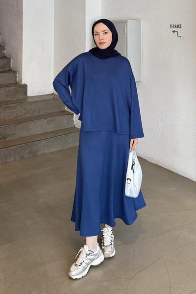 lamelif Crystal Flared Skirt Hijab Navy Blue