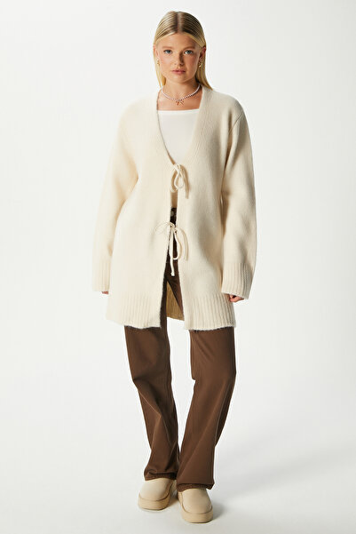 Ritnice Women's Rune Soft Textured Lace-Up Stone Long Cardigan