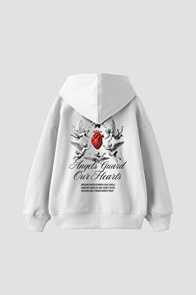 Sekizbiraltı Angels Guard Our Hearts Printed Oversize Unisex White Hoodie