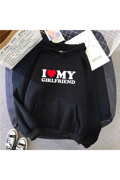 Touz Moda I Love My Boyfriend & Girlfriend Printed White Hooded Sweatshirt Hoodie