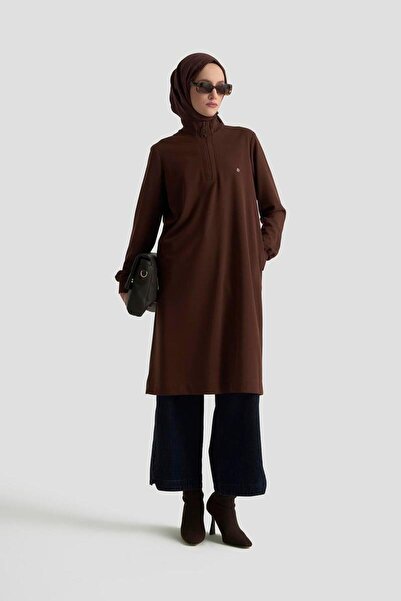 Armine Dik Yaka Fermuarlı Basic Tunik 25kt456 - Kahve