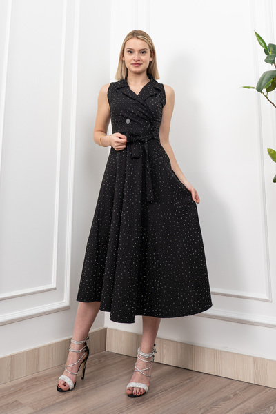 MissVina Rochie lungă cu guler și curea în talie cu pietre aplicate 50338