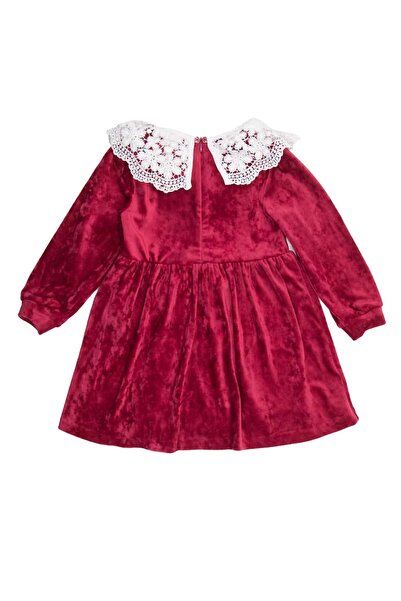 Ozmoz By Mukadder Özden Lace Collar Soft Burgundy Velvet Little Girl Dress