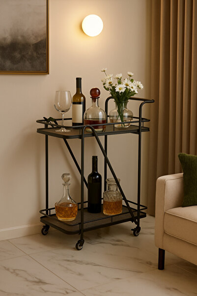 MARIA HOMES Modern Black Serving Trolley with 2Tier Shelves and Wheels Cart for Kitchen, Dining, or Living Room