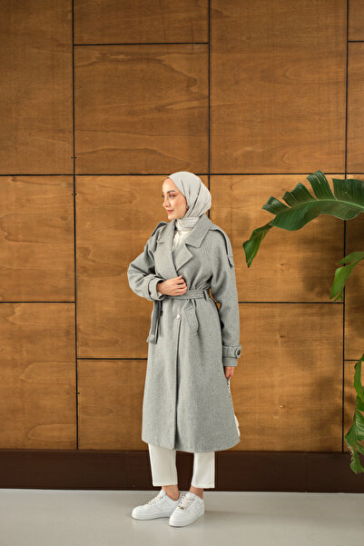 LOCCO Women's Button Detail Waist Tie Coat Gray