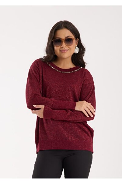 Coşkun GİYİM Women's Vortex Viscose Yarn Stone Detailed Crew Neck Silvery Swe...