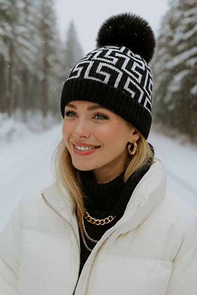 FELLMENS Beretă neagră cu model pentru femei