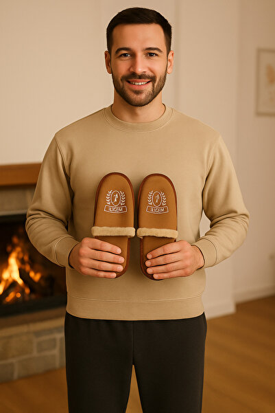 meko aksesuar İLKEM Erkek Çapa Desenli Kürklü Günlük Misafir Ev Terliği