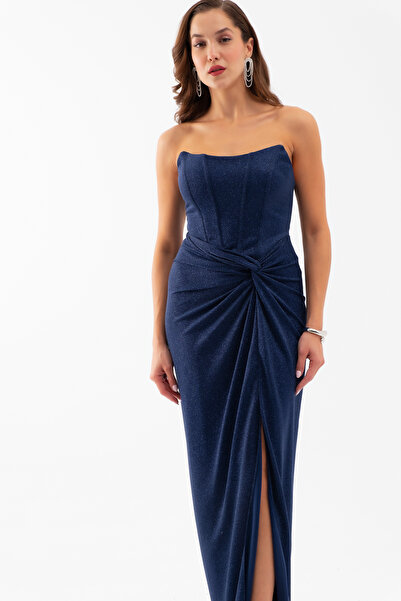 Lafaba Women's Navy Blue Strapless Glitter Knitted Evening Dress