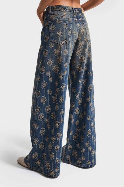 its basic Blugi pentru femei, culoare T.Kot 2w5-8, model Palazzo, cu broderie, design din material textil, blugi din denim