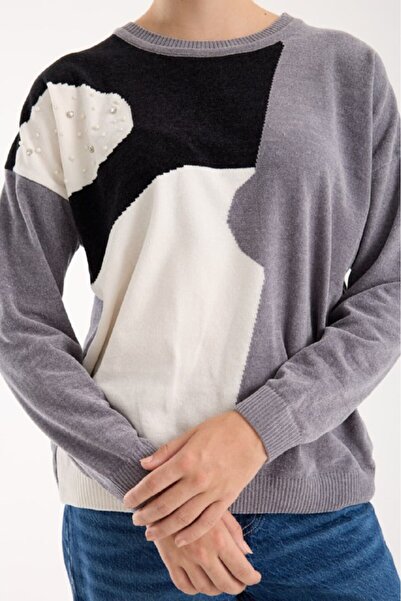 Coşkun GİYİM Women's Chenille Velvet Two-Tone Stone Detailed Crew Neck Sweater Gray 9018