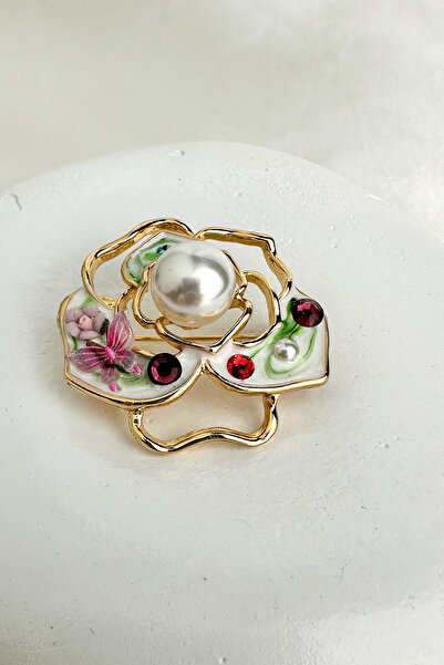 Modex Altın Rengi İncili Taş Ve Kelebek Detaylı Gül Broş (4cm)