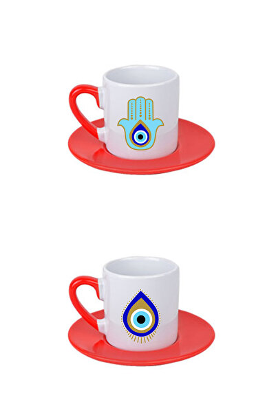 giftkonsept Blue Evil Eye Bead Patterned Printed Black 4-Piece Porcelain Turkish Coffee Cup Set
