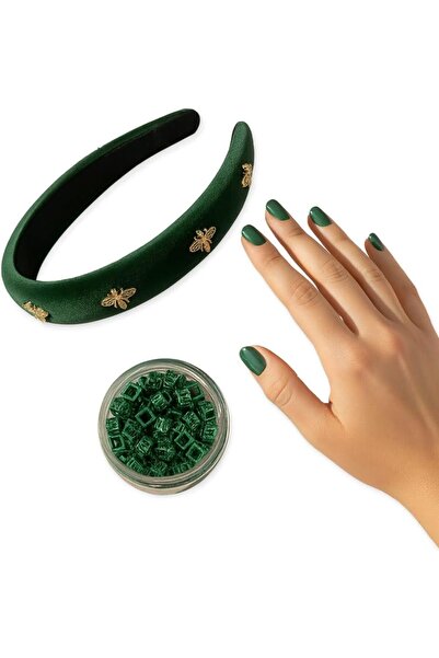 Generic Hair and Nail Accessories Set - Green Velvet Hairband, Green Metal Hair Clips, Gel Nail Polish
