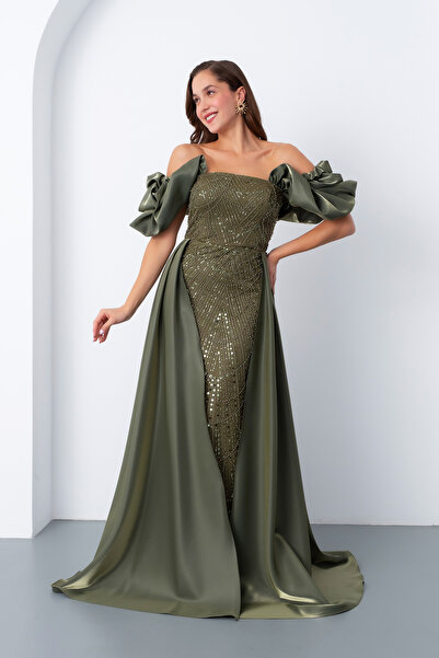 Lafaba Women's Khaki Boat Neck Satin Tail Long Beaded Evening Dress