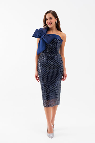 Lafaba Kadın Lacivert Tek Omuz Boncuklu Midi Gece Elbisesi