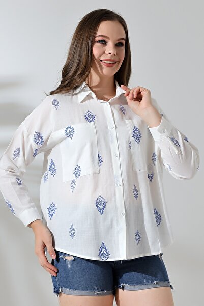 Lir Women's Patterned Flam Half Sleeve Shirt Blue 71429