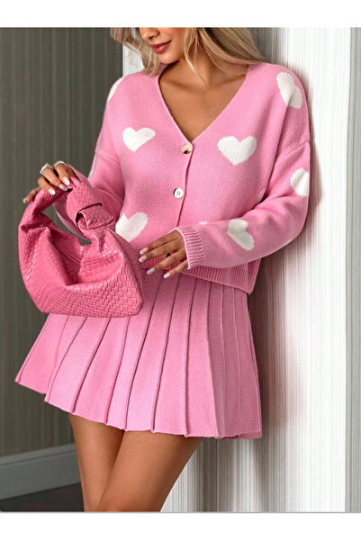 SÇLK TEKSTİL Set cardigan și fustă mini cu model de inimă