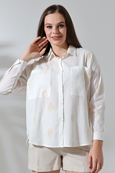 Lir Women's Patterned Flam Half Sleeve Shirt Beige 71429