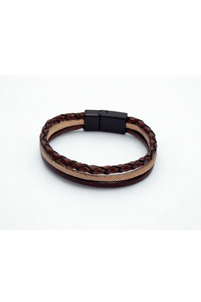 RAVANELLI Men's Three-Layer Braided Leather Bracelet with Magnetic Metal Buckle