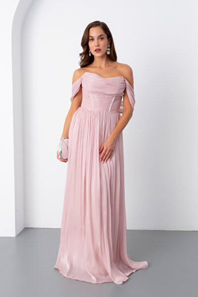 Lafaba Women's Powder Boat Neck Long Evening Dress