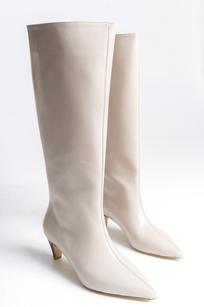 LDR Жіночі бежеві шкіряні чобітки на підборах із загостреним носком