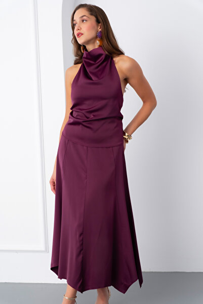 Lafaba Kadın Mürdüm Degaje Yaka Saten Etek Bluz Takım