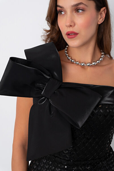 Lafaba Kadın Siyah Tek Omuz Boncuklu Midi Gece Elbisesi