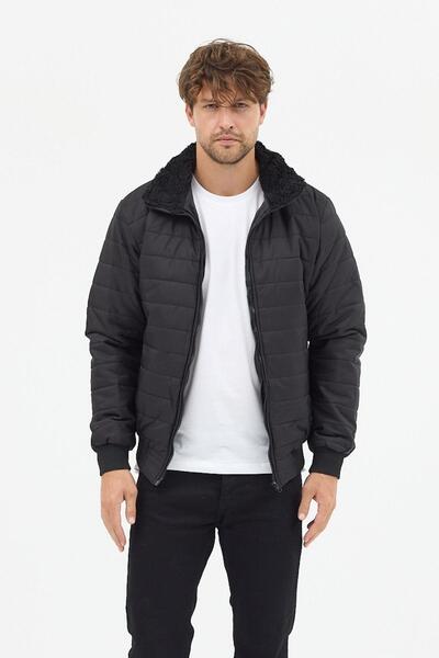 Polo State Ανδρικό μπουφάν με καπιτονέ επένδυση με γιακά φλις μαύρο