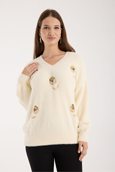 Moda Days Pulover tricotat pentru femei, ecru, cu mâneci balon, cu broderie cu margele, cu decolteu în V