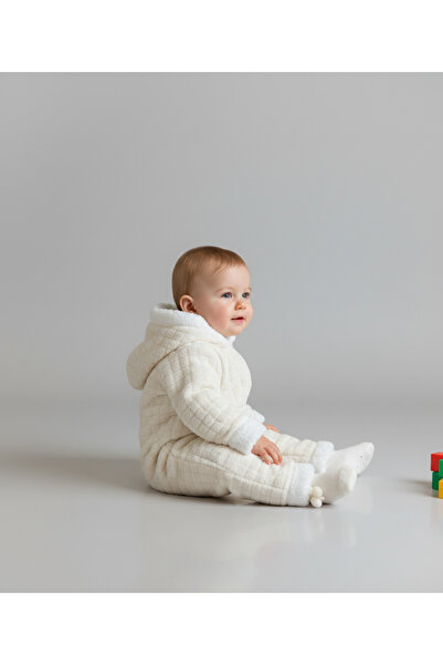 Enfal Bebe Kulaklı Kapüşonlu Kare Desenli İçi Welsoft Kürklü Bebek Tulumu