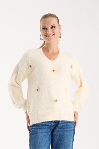 Moda Days Pulover tricotat pentru femei, ecru, cu mâneci balon, cu decolteu în V, cu accesorii în față